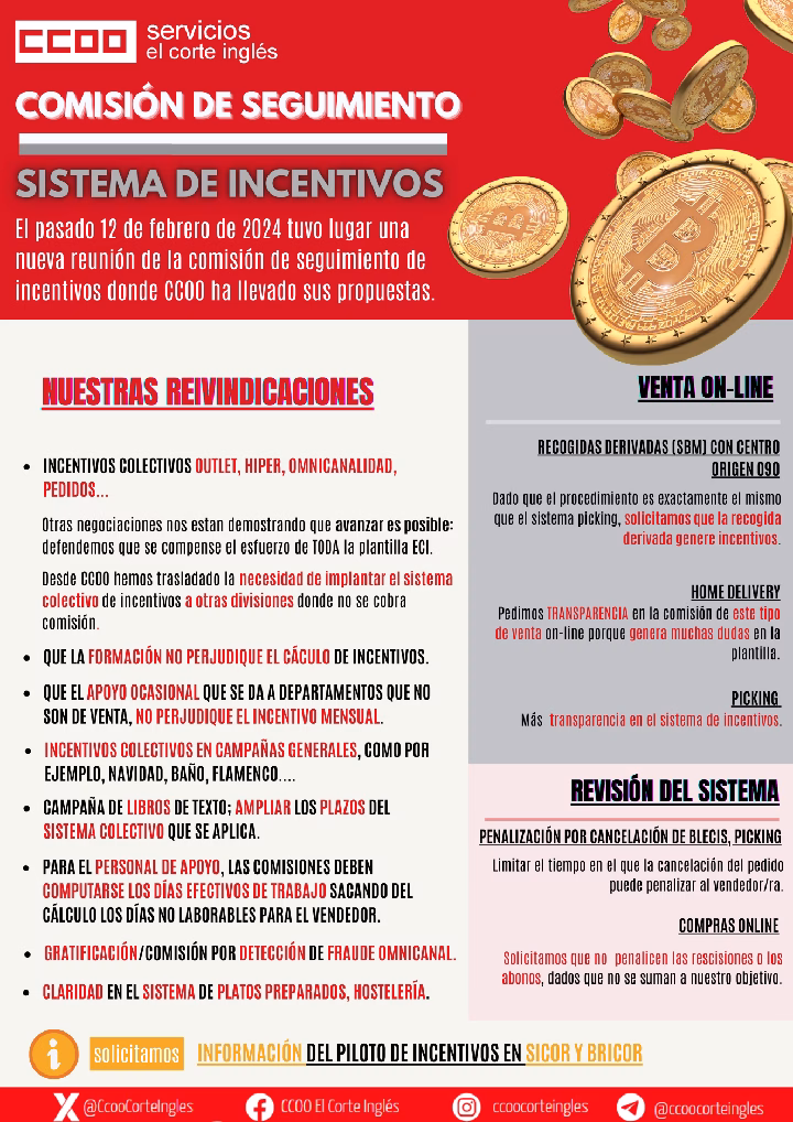 COMISIÓN DE SEGUIMIENTO DE INCENTIVOS CCOO ECI EL CORTE INGLES REUNIÓN 12 DE FEBRERO DE 2024
