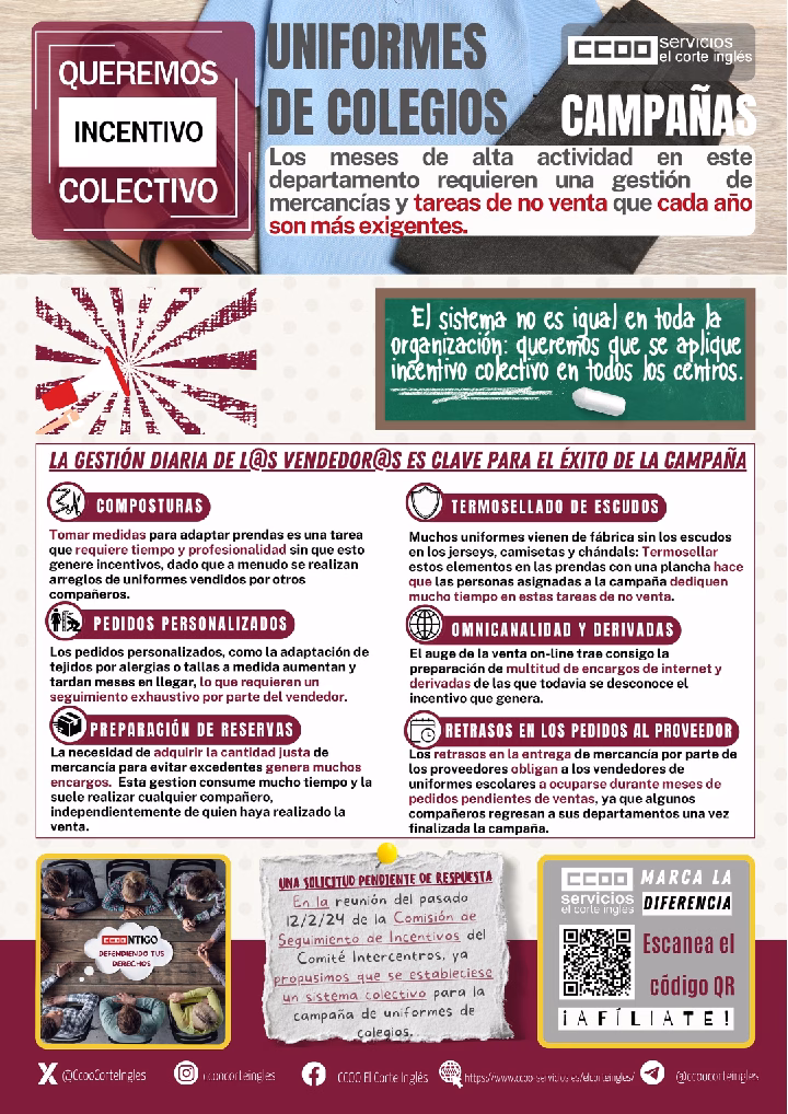 EL CORTE INGLÉS ECI CAMPAÑA UNIFORMES DE COLEGIOS SISTEMA DE INCENTIVOS QUEREMOS INCENTIVO COLECTIVO
