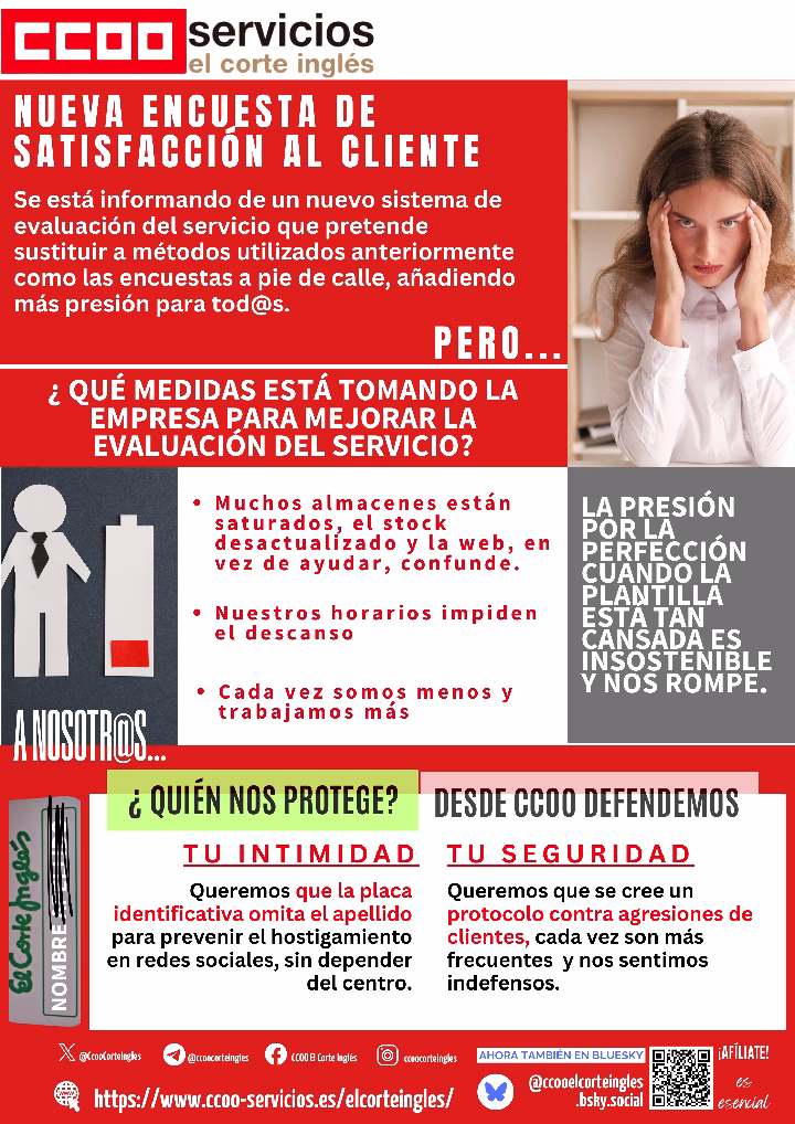 CCOO ECI NUEVA ENCUESTA DE SATISFACCIÓN AL CLIENTE CCOO ECI EN CONTRA DE PRESIONAR A LA PLANTILLA POR LA EXCELENCIA