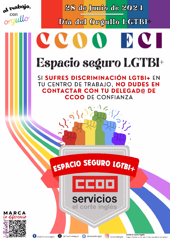 CCOO ECI EL CORTE INGLÉS 28 DE JUNIO DIA INTERNACIONAL DEL ORGULLO LGTBI+ CCOO ECI ESPACIO SEGURO LGTBI+