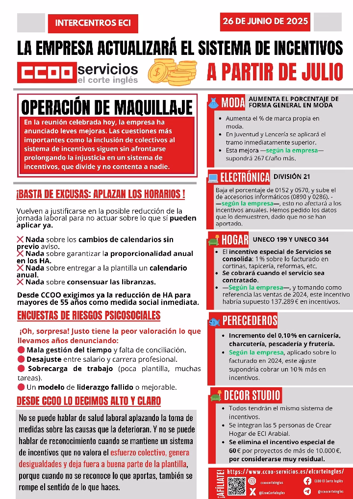 CCOO ECI REUNIÓN COMITÉ INTERCENTROS  EMPRESA  26 DE JUNIO DE 2025 ACTUALIZACIÓN SISTEMA DE INCENTIVOS OPERACIÓN MAQUILLAJE
