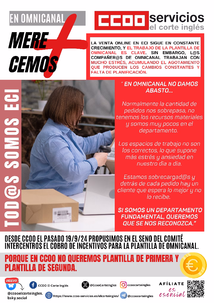CCOO ECI COMISIONES OBRERAS EL CORTE INGLÉS NO QUEREMOS PLANTILLA DE PRIMERA Y PLANTILLA DE SEGUNDA EN OMNICANAL MERECEMOS INCENTIVOS VENTA ON-LINE VENTA INTERNET
