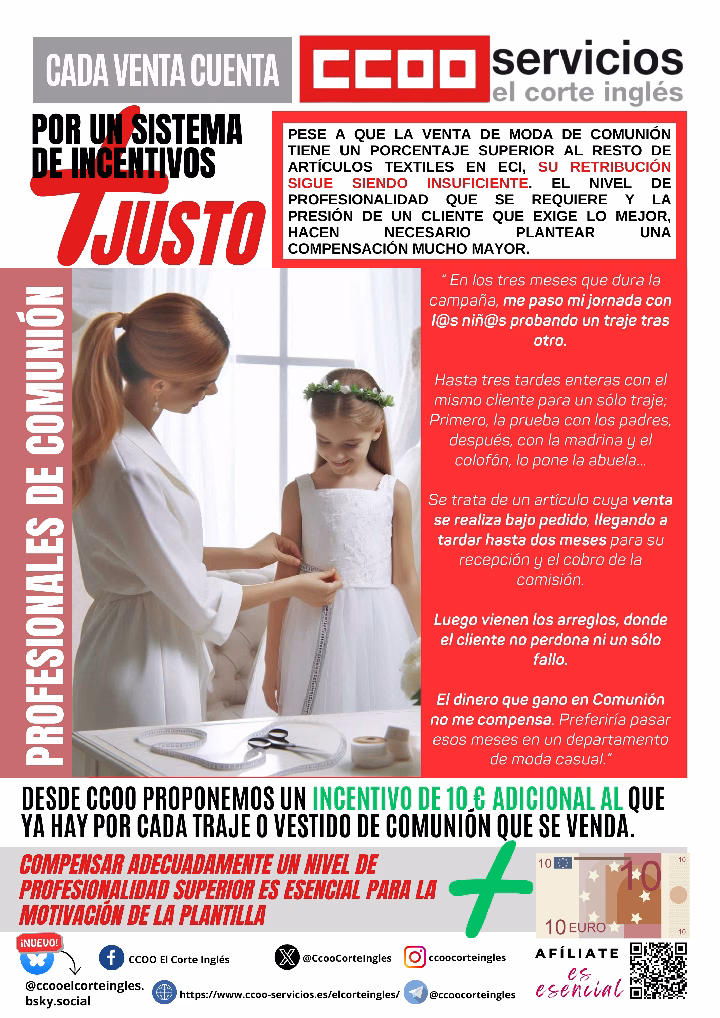CCOO ECI COMISIONES OBRERAS EL CORTE INGLÉS PROFESIONALES DE COMUNIÓN INCENTIVO ADICIONAL DE 10? AL QUE YA EXISTE POR CADA TRAJE O VESTIDO DE COMUNIÓN QUE SE VENDA