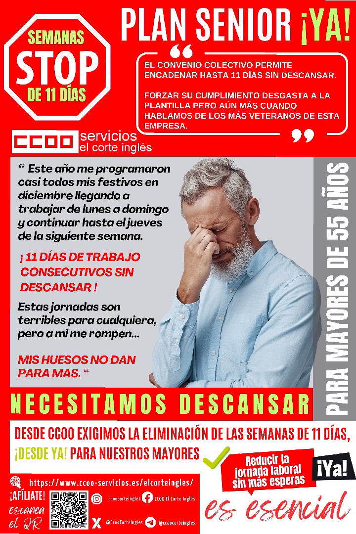 CCOO EL CORTE INGLES REDUCCION JORNADA LABORAL PLAN SENIOIR STOP NO A LAS SEMANAS DE 11 DÍAS DESDE YA