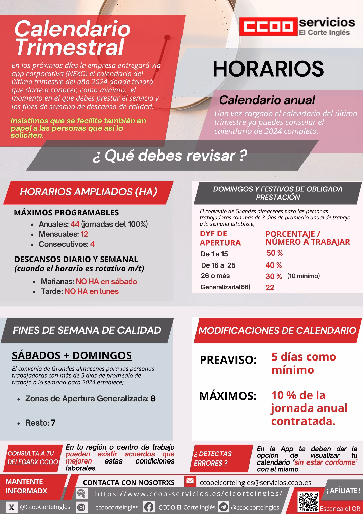 CCOO ECI COMISIONES OBRERAS EL CORTE INGLÉS CALENDARIO TRIMESTRAL HORARIOS QUÉ DEBES REVIAR CONVENIO COLECTIVO DE GRANDES ALMACENES