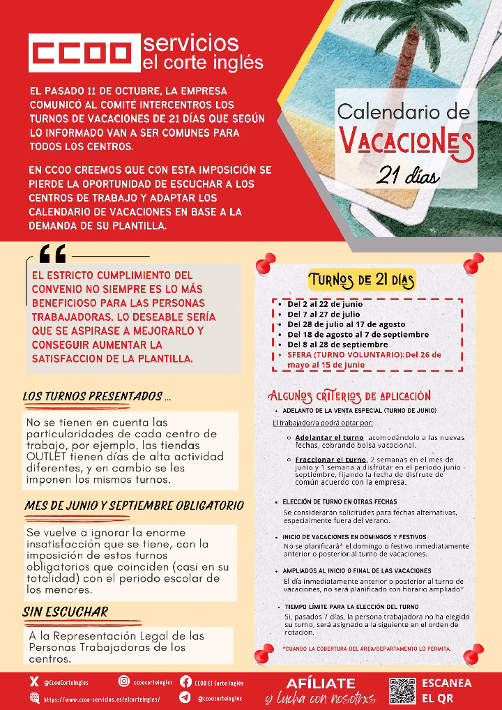 CCOO ECI COMISIONES OBRERAS EL CORTE INGLÉS CALENDARIO DE VACACIONES 2025 DE 21 DÍAS